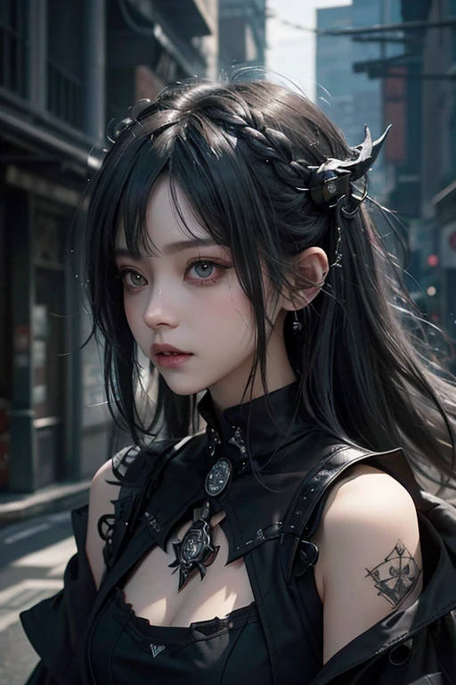 top-quality、8K、​masterpiece：1.3、Gothic punk、Red inner color、A grey dark-haired、hair adornments、a beauty girl、creative、dark fantasy style、Neogos、Goth Fashion：1.2、hight resolution、​masterpiece、top-quality、headw:1.3、((Hasselblad photo))、Fine-grained skin、Sharp Focus、(lighting like a movie)、Realistic texture m hair, black crow in the shoulder 
