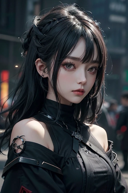 top-quality、8K、​masterpiece：1.3、Gothic punk、Red inner color、A grey dark-haired、hair adornments、a beauty girl、creative、dark fantasy style、Neogos、Goth Fashion：1.2、hight resolution、​masterpiece、top-quality、headw:1.3、((Hasselblad photo))、Fine-grained skin、Sharp Focus、(lighting like a movie)、Realistic texture m hair, black crow in the shoulder 
