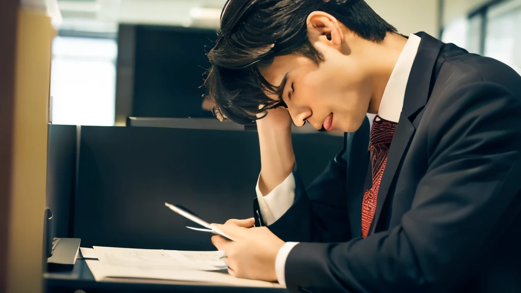 A male office worker、Surrounded by a lot of documents、A man holding his head in distress。
