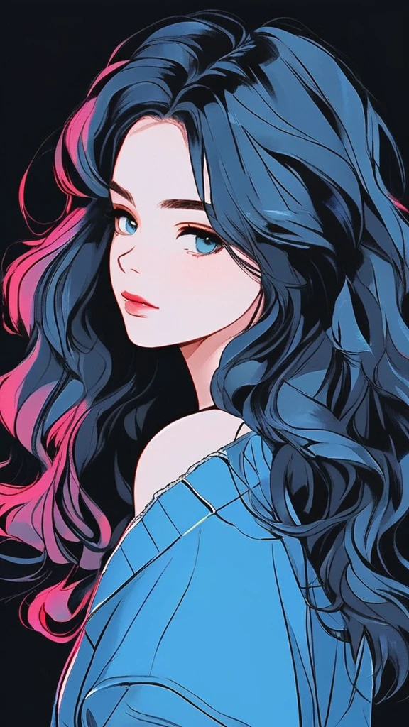illustrator, anime, realistic, sketch, 1 girl, single face, lip, blue sweter, black gradient background [black color: 0.5], long curl hair, neon hair [white:1 | gray:1], Textured trim, Canadian, (masterpiece, Best quality), retro classic, bad woman, noir dark