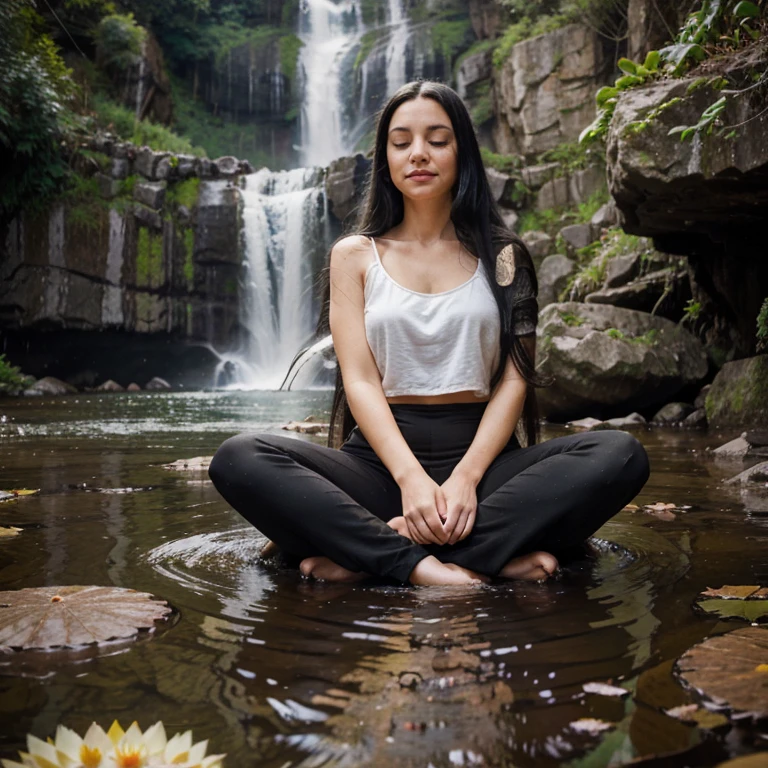 Joyful girl with long black hair sits in lotus position near a waterfall, bliss, world, rest, meditation
