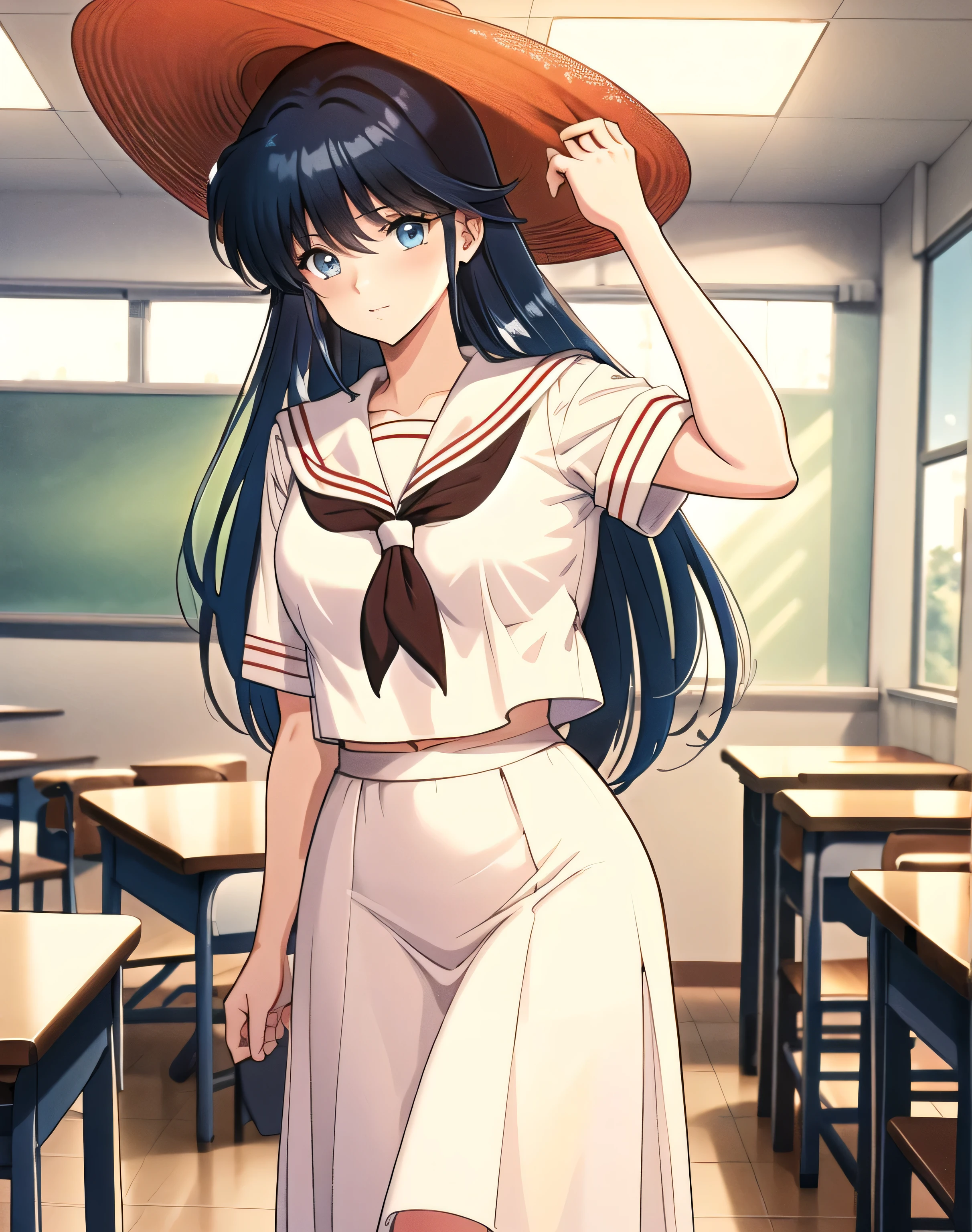 (ayukawa madoka), , Mature face, Sexy smile、Extremely detailed eyes、Blue Eyes, (Blue Hair、Long Hair、Straight)、Tabletop, (Penetration: 1.2),((Short sailor suit, Detailed and accurate)), Summer shirt、Red scarf、In a glamorous body, Huge :1.6, (Slim waist、Smooth)、Big :1.4、Big Ass 1.5、((Long skirt for school uniform)), , Sexy Poses,refer to４Bookの中に親refer to１Book,On a desk in the clroom、Clroom Background、Red straw hat, 
