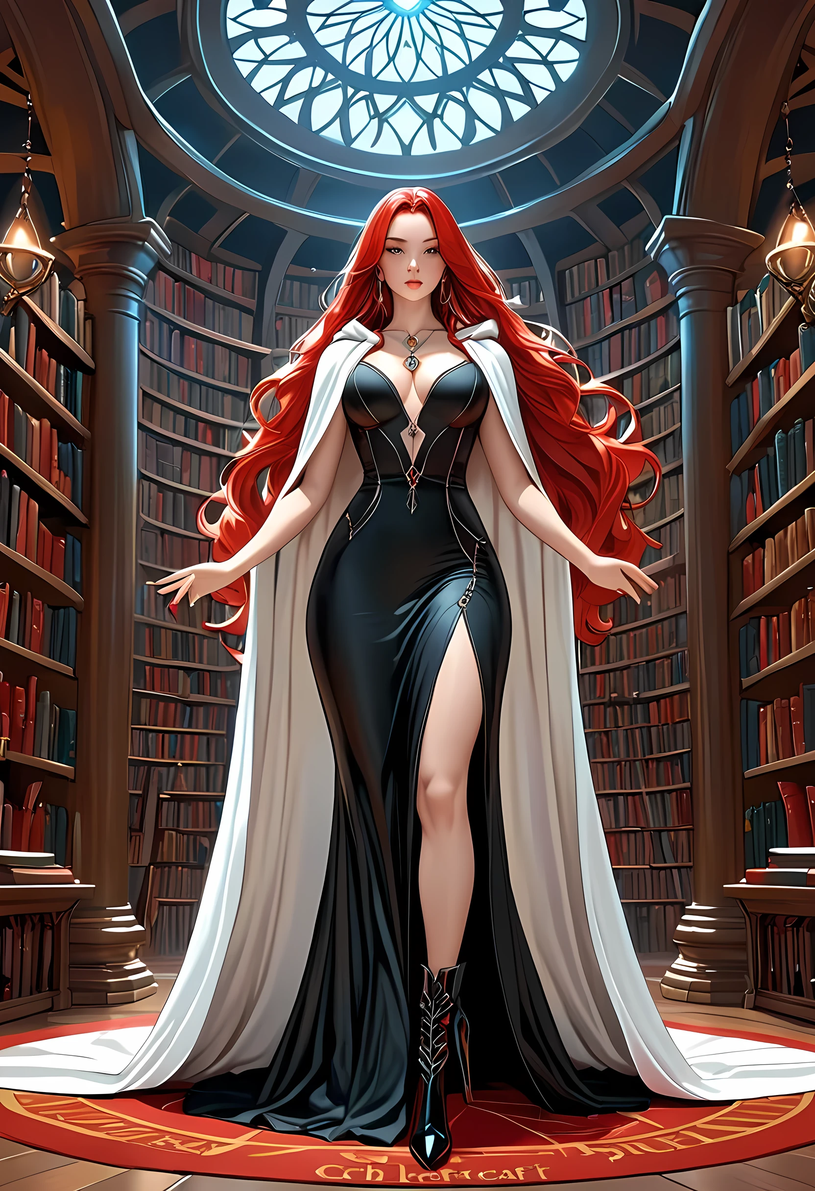a masterwork picture of a sorceress casting a spell in magical library, exquisite beautiful woman, dynamic hair color, dynamic hair style, ((full body shot: 1.5)), ((anatomically correct: 1.5)),  (ultra detailed face: 1.2), best detailed face,  high details, best quality, 16k, [ultra detailed], masterpiece, best quality, (extremely detailed), full body, ultra wide shot, (ultra details, Masterpiece, best quality), fantasy art, dnd art,fantasy art, realistic art,  (ultra details, Masterpiece, best quality), exquisite beautiful human woman (ultra details, Masterpiece, best quality), red hair, long hair, (long black dress: 1.2), (white cloak: 1.3), high heeled boots (ultra details, Masterpiece, best quality) IceMagicAI, Hyperrealism style, rpg portrait
photograph