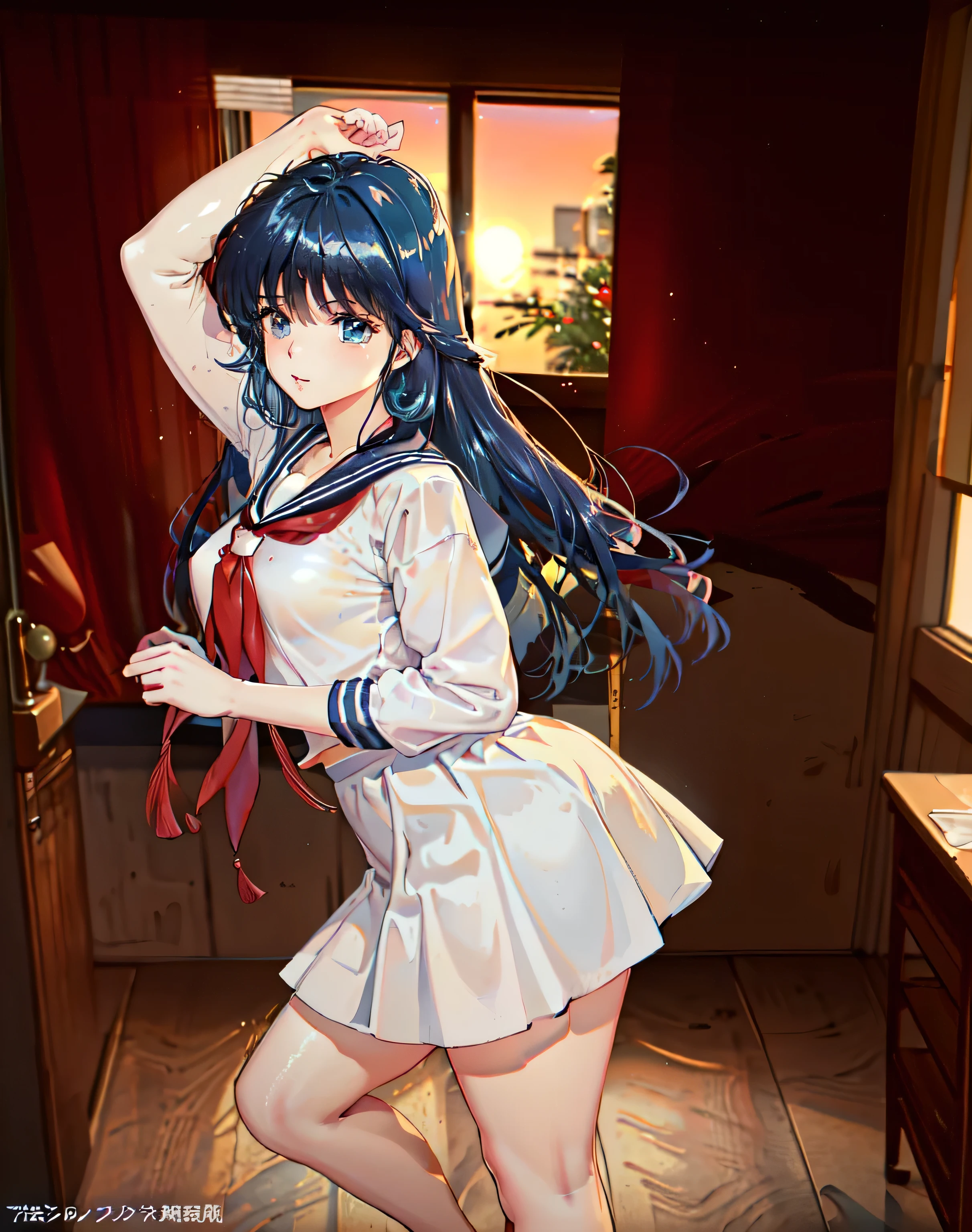 (ayukawa madoka), sexy, Mature face, Sexy smile、Extremely detailed eyes、Blue Eyes, (Blue Hair、Long Hair、Straight)、Tabletop, (Penetration: 1.2),((Short sailor suit, Detailed and accurate)), Summer shirt、Red scarf、In a glamorous body, Huge breasts:1.6, (Slim waist、Smooth)、Big hips:1.4、Big Ass 1.5、((Long skirt for school uniform)), , Sexy Poses,refer to４Bookの中に親refer to１Book,On a desk in the classroom、Classroom Background、Red straw hat, 