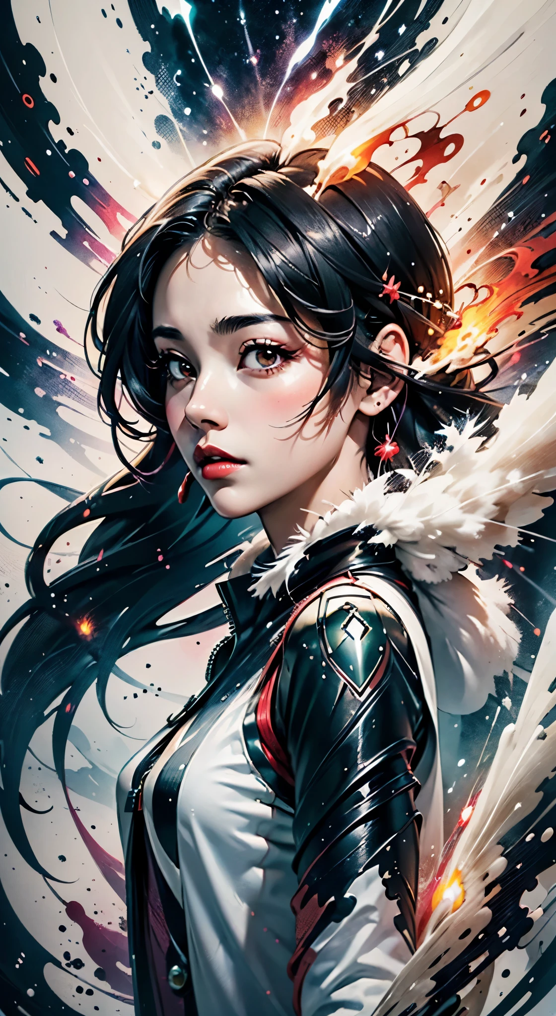 masterpiece, best quality, ultra high res, beautiful, elegant, graceful, award-winning art, 1girl , portrait, (style of Yuko Shimizu:1.1), (abstract art:1.2), red lips, silent in chaoodel pose in fashion show, style of rebecca guay, black hair, red fire , cloaked in flames, dark theme, visually stunning, gorgeous
