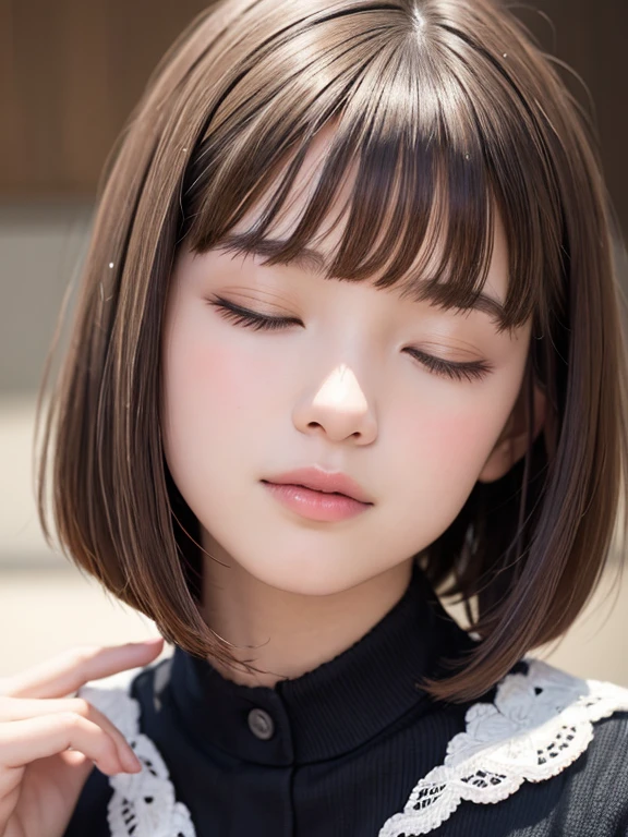 masterpiece, highest quality, Very detailed, figure, Blushing, Mouth wide open, Eyes closed, Face Shot, Bobcut, Let your bangs hang down, 14 years old