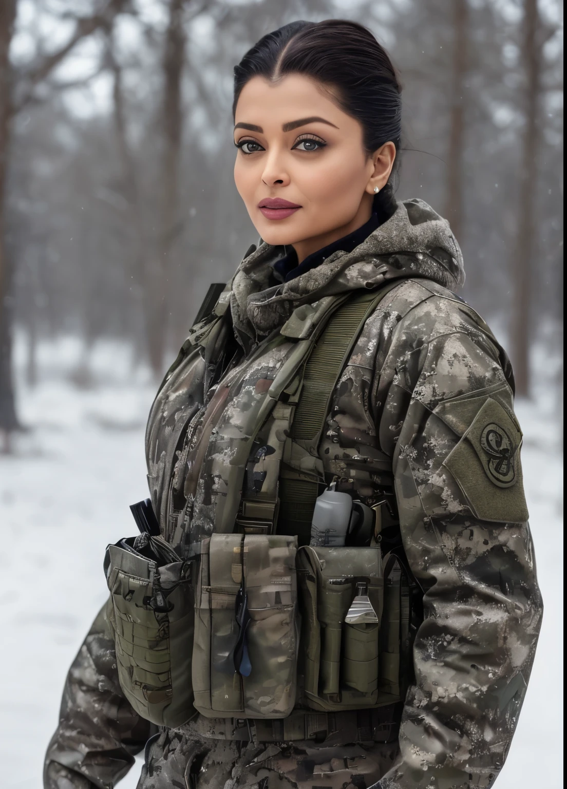 45yo MATURE MILF AISHWARYA RAI, (photorealistic), beautiful lighting, best quality, realistic, full body portrait, real picture, intricate details, depth of field, 45-years-old, in a cold snowstorm, a wings, A very muscular solider girl with haircut, wearing winter camo military fatigues, camo plate carrier rig, combat gloves, (magazin pouches), (kneepads), highly-detailed, perfect face, hazel eyes, lips, wide hips, small waist, tall, make up, tacticool, Fujifilm XT3, outdoors, bright day, Beautiful lighting, RAW photo, 8k uhd, film grain, ((bokeh))