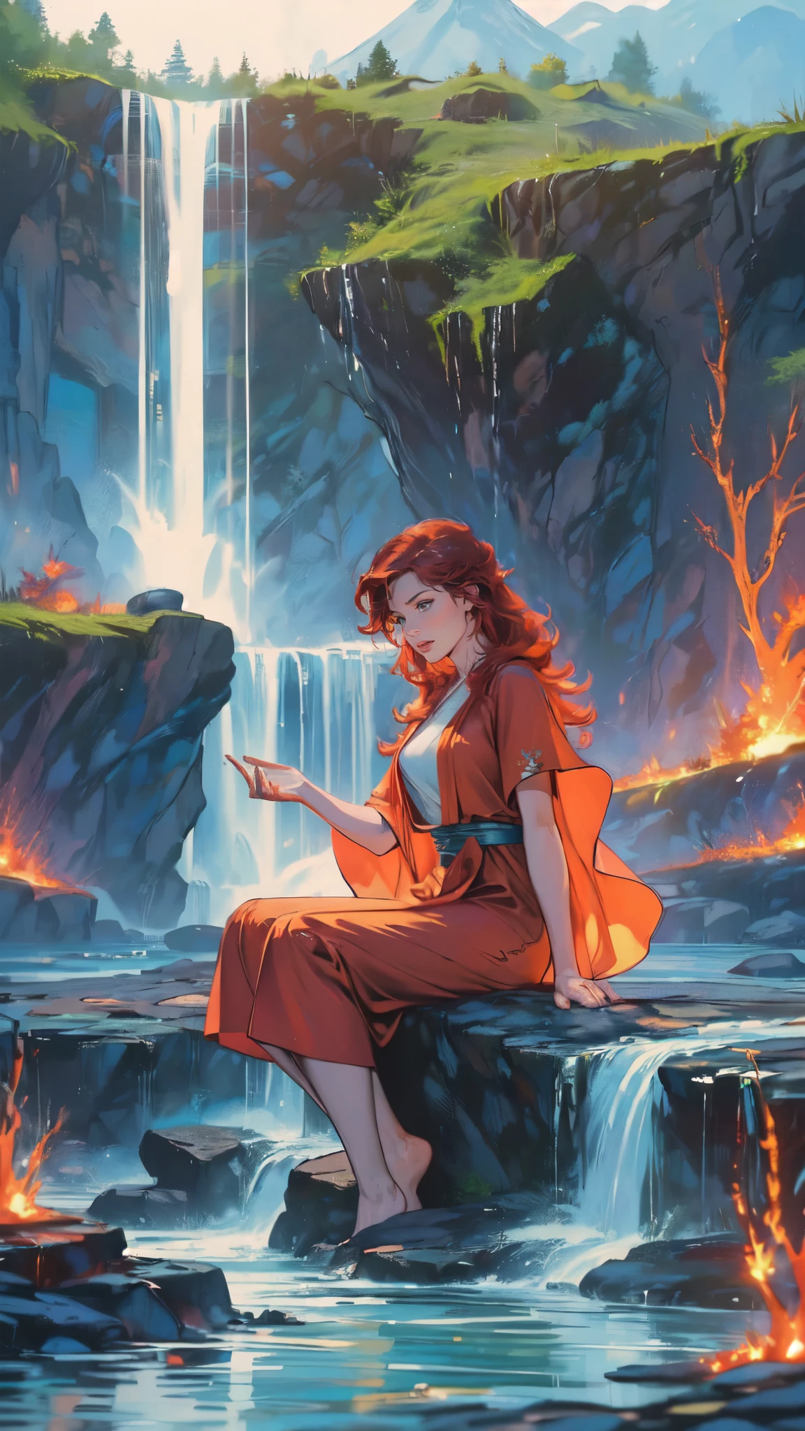 fantasy art, photorealistic, D&D art, a picture of a female monk sitting and meditating near a waterfall, at the base of the waterfall,  there is a human woman monk wearing monk garbs, meditating near a bonfire near an (epic sized waterfall: 1.3), red hair, long hair, full body (best details, Masterpiece, best quality :1.5), ultra detailed face (best details, Masterpiece, best quality :1.5), ultra feminine (best details, Masterpiece, best quality :1.5), exquisite beautiful (best details, Masterpiece, best quality :1.5) red hair, long hair, wavy hair, pale skin, blue eyes, intense eyes, water coming down from a volcanic cliff, multi level water falls, several pools created in different levels, forming new waterfalls, water cascading into a (large lava pool: 1.3) steam rising, clear water in many hues of blue and azure falling, ultra best realistic, best details, best quality, 16k, [ultra detailed], masterpiece, best quality, (extremely detailed), ultra wide shot, photorealism, depth of field, hyper realistic painting, magv1ll