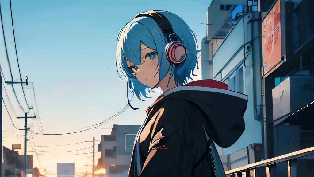 Tsundere Main female The background is blurred Draw only the upper body Blue Hair Woman Style artwork of Gwyze with headphones、Beautiful Anime、 alone Gwys、Beautiful Anime girl、Beautiful Anime girl、Turquoise hair anime girl、Anime Style。8k、Bowwater Art Style、Beautiful digital illustrations、Beautiful character drawings, LOFI Girl, Lo-fi art style,, Halfbeak, Anime atmosphere, 富士フイルムと混ぜたAnime Style, Digital anime illustration, anime wallpaper 4k Girl wearing headphones Downtown at night dark cityscape Wearing a hood Ghost Town