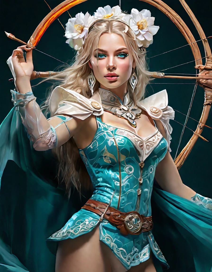 (1 girl: 1.5), very beautiful 16 year old: 1.5 Girl's libido, Female physiognomy, elf, (elven ears), (blonde archer), (((girl, girl, female))), (( blonde hair:1.5,short detailed hair, short blonde hair with a braid, decorated with white flowers)),(((turquoise_eyes:1.3))), beautiful detailed eyes, symmetrical eyes,1.5,chest,(( good anatomy, accurate body proportions, detailed body))), ((silk)),(bandages on the arm, moon earrings)), ((silk panties)),(small bulge on the panties),(decorative bandages on the chest and arms )),(((tram clothes:1.5,intricate outfit, intricate clothes))), (((dynamic pose: 1.0), confused, (center, scaled to size, Rule of Thirds)), ((transparent crystal flowers, kundalini, ancient energy source, universe, galaxy, crystal planet)), landscape: 1.25, ((intricate landscape)), thick hips, wide hips, saucy panties, (glossy silk jewelry), high definition, sharp focus, ( ultra detailed, extremely detailed), (photorealistic work: 1.37), (extremely detailed CG unity 8k wallpaper)),(((bright colors, vibrant theme))),(complex),(masterpiece),(best quality), artistic photography,(photo taken by sldr),(intricate background) ,perfect facial detailing, perfect facial details, realistic face,photorealistic, analogue style,((intricate details)),(((realism))), ((flat chest, flat stomach)), (((bright colors))),((3d)), (intense colors).