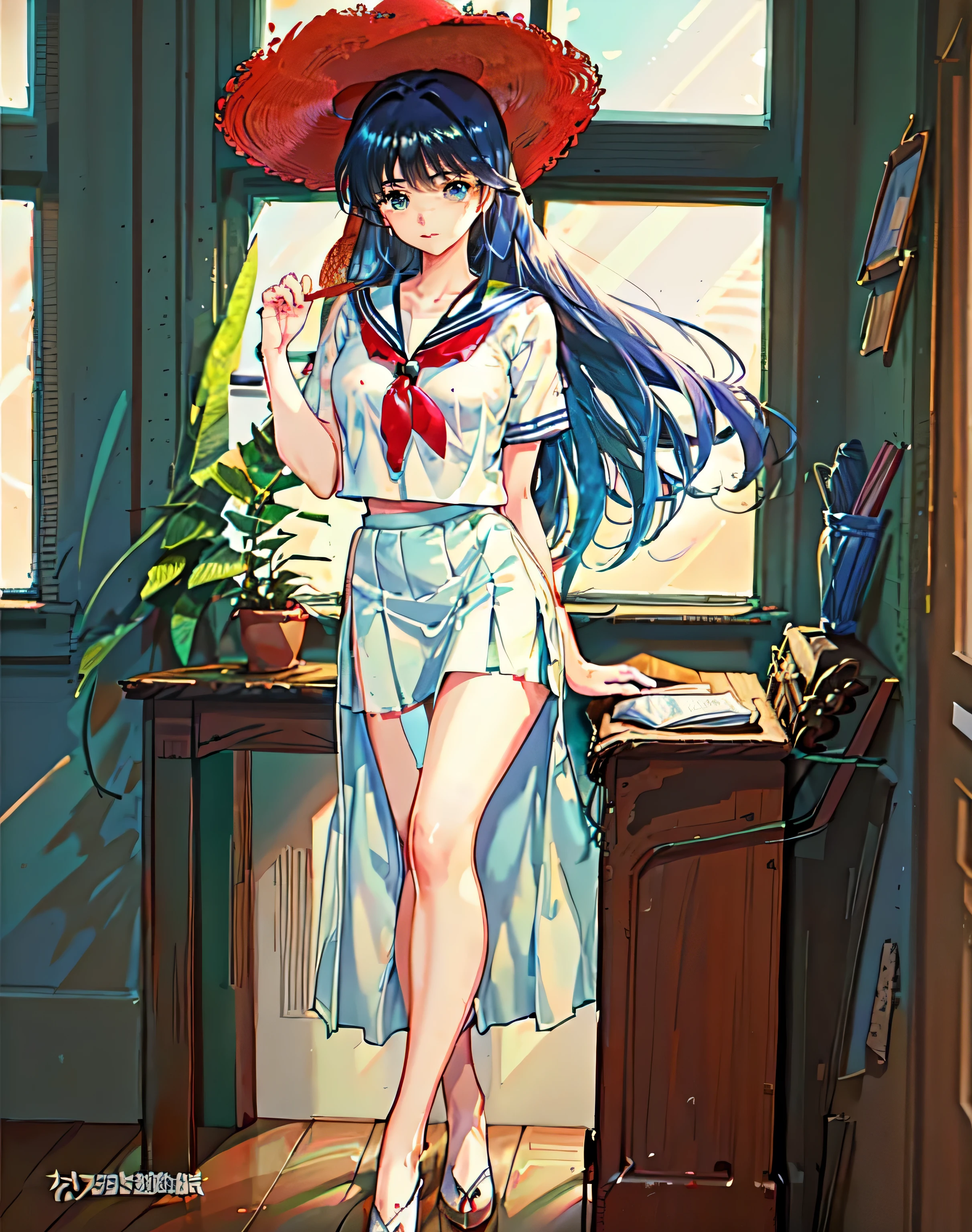 (ayukawa madoka), , Mature face, Sexy smile、Extremely detailed eyes、Blue Eyes, (Blue Hair、Long Hair、Straight)、Tabletop, (Penetration: 1.2),((Short sailor suit, Detailed and accurate)), Summer shirt、Red scarf、In a glamorous body, Huge :1.6, (Slim waist、Smooth)、Big :1.4、Big Ass 1.5、((Long skirt for school uniform)), , Sexy Poses,refer to４Bookの中に親refer to１Book,On a desk in the clroom、Clroom Background、Red straw hat, 