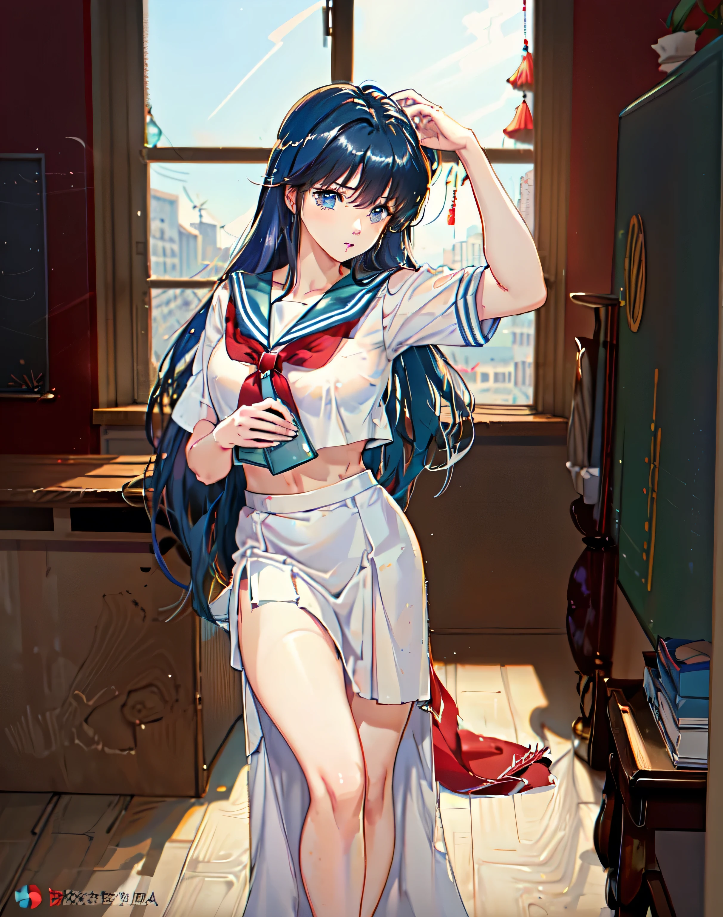 (ayukawa madoka), sexy, Mature face, Sexy smile、Extremely detailed eyes、Blue Eyes, (Blue Hair、Long Hair、Straight)、Tabletop, (Penetration: 1.2),((Short sailor suit, Detailed and accurate)), Summer shirt、Red scarf、In a glamorous body, Huge breasts:1.6, (Slim waist、Smooth)、Big hips:1.4、Big Ass 1.5、((Long skirt for school uniform)), , Sexy Poses,refer to４Bookの中に親refer to１Book,On a desk in the classroom、Classroom Background、Red straw hat, 