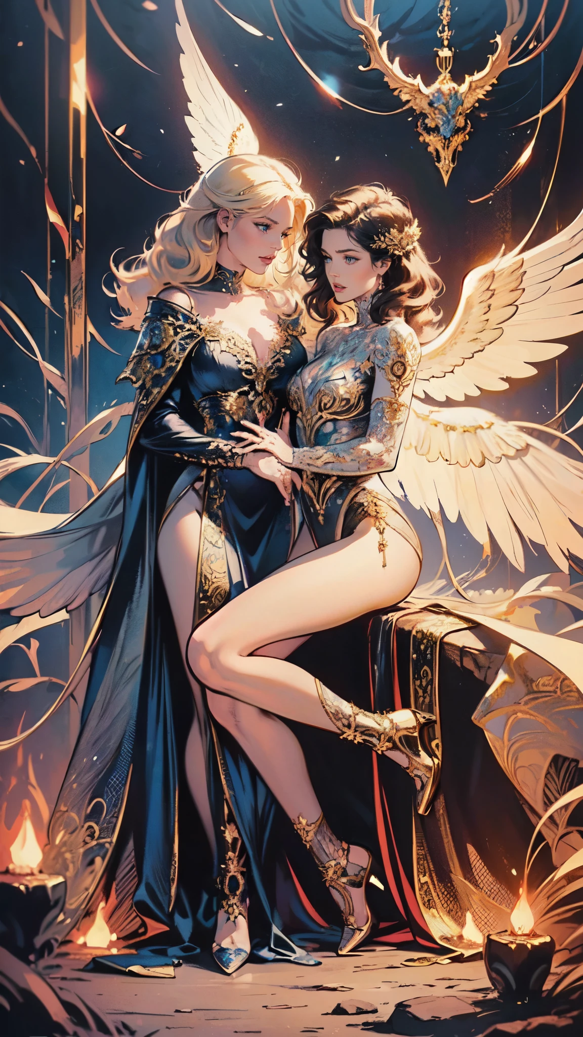 fantasy art, RPG art [[a picture of 2 women]], , a female angel (Masterpiece, intricate details), wearing dress, pale skin, best details beautiful face (Masterpiece, intricate details), blond hair, long hair wavy hair (Masterpiece,  intricate details), blue eyes, high heeled boots, wearing a dresasterpiece, intricate details), large angelic wings, white angelic wings spread [AND] a female demon (Masterpiece, 1.3, intricate details), demon, red skin (Masterpiece,  intricate details), demonic wings, black demonic wings spread, demonic hornasterpiece), red skin (Masterpiece), black hair, red eyes, best details beautiful face (Masterpiece, intricate details), wearing a dressier piece: 1.3, intricate details), high heels, in the border between heaven and hell, moon, stars, clouds, god rays, soft natural light silhouette, dynamic angle, photorealism, panoramic view (Masterpiece 1.3, intense details) , Wide-Angle, Ultra Wide