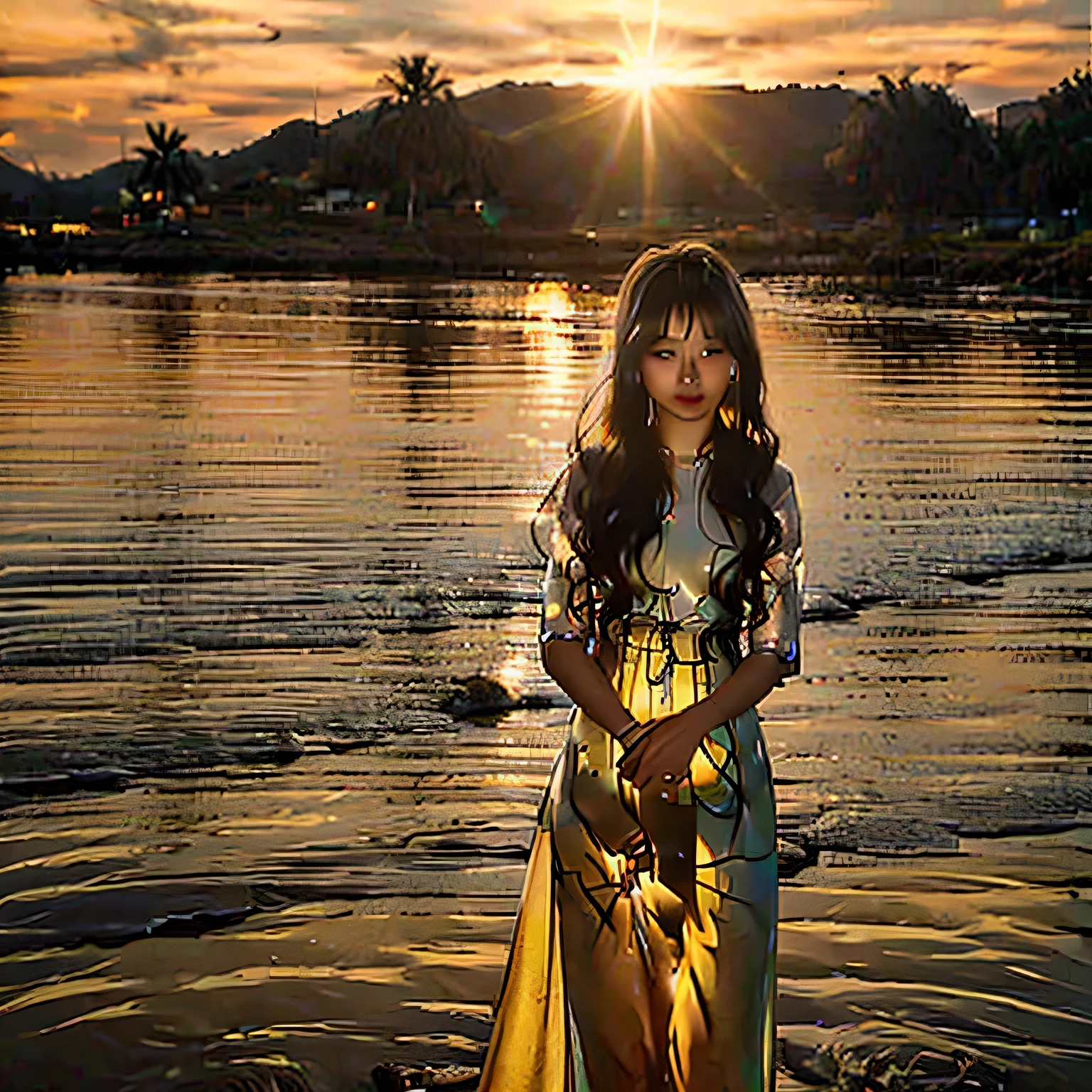 With a girl, Little、amber, , Medium pastel yellow white, Luxury Fabric, Dithering, Widespread,Viewer Lucky Brown,Ao dai dress、、There are no protrusions on the head、There are no protrusions on the head