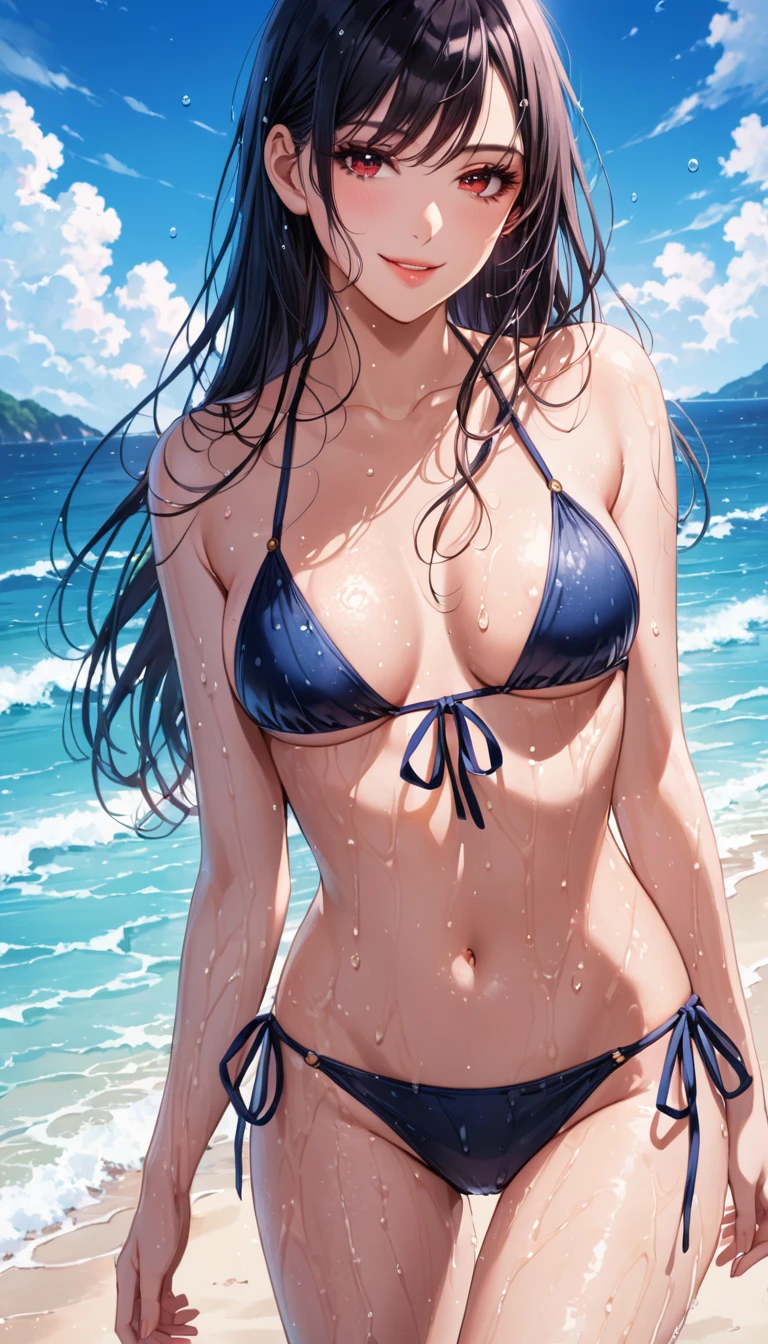 best quality,masterpiece, an extremely delicate and beautiful, CG,extremely detailed ,highres, extremely detailed,depth of field, 1girl,beautiful detailed girl,black_hair, long_hair, beautiful detailed red eyes,(makeup:1.2),light on face,(seductive smile:1.2),medium breasts,(thigh),(wet skin:1.5),(side - tie bikini bottom:1.2),hot,blue sea, blue sky, Beach,(cowboy shot:1.2)