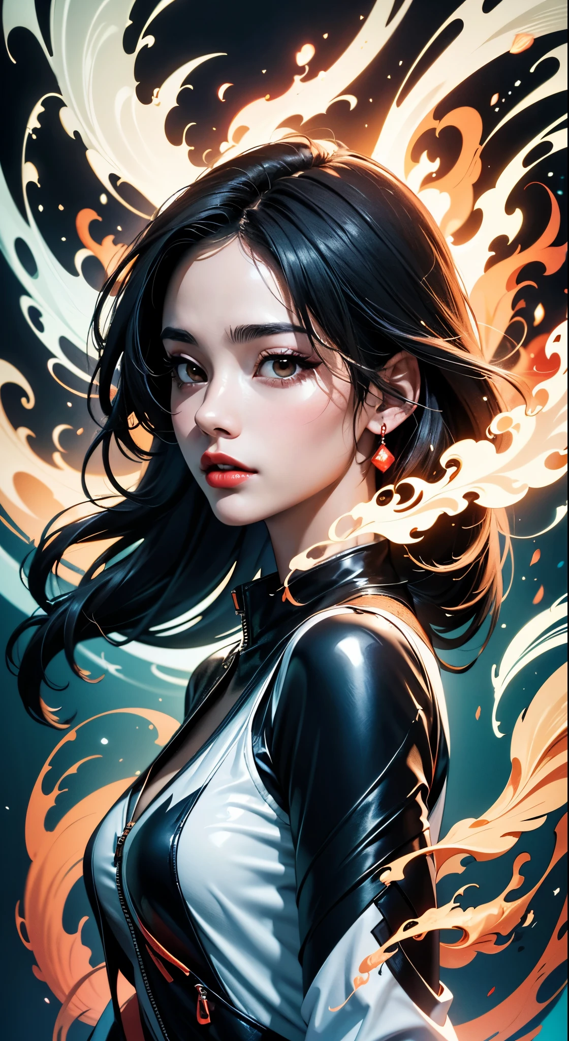 masterpiece, best quality, ultra high res, beautiful, elegant, graceful, award-winning art, 1girl , portrait, (style of Yuko Shimizu:1.1), (abstract art:1.2), red lips, silent in chaoodel pose in fashion show, style of rebecca guay, black hair, red fire , cloaked in flames, dark theme, visually stunning, gorgeous