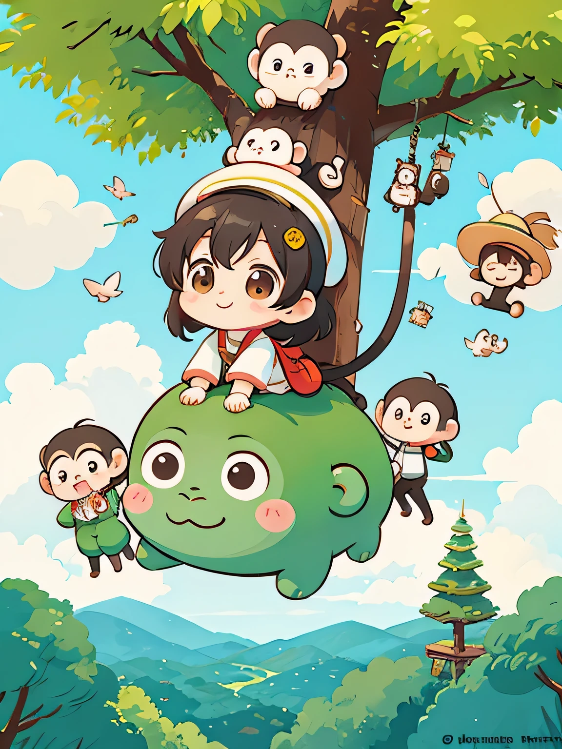 Tiv Style, Kawaii Design, Chibi girl monkey, monkey Forest, Above the Clouds, Carrying you