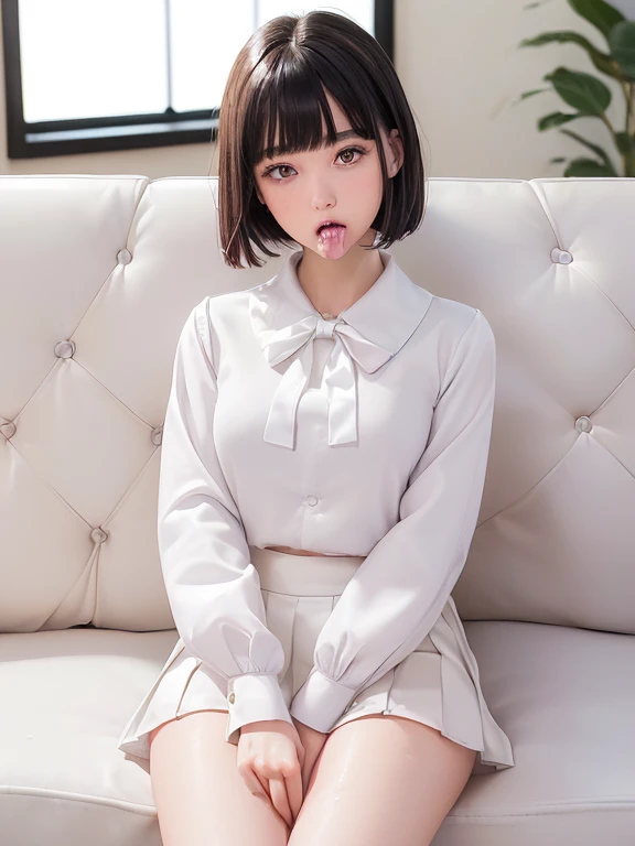 (masterpiece、highest quality:1.4)、、(shot above the knee:1.5)、Bobcut、Black Hair、85mm、16K、Official Art、RAW Photos、Best Beautiful Faces、Close-up、Violet、Gardenia、The best beautiful girl、very cute、Red blush on cheeks、indoor、(Sit on the couch:1.8)、Film Grain、Chromatic Aberration、Sharp Focus、(((Nice hands、Perfect hands、Perfect Fingers、A perfect body without flaws)))、Detailed face、(Slender body:1.5)、(Slender body:1.2)、(Let your bangs hang down:1.8)、(Blushing:1.8)、(Low contrast lighting:1.2)、(White business blouse with collar:1.5)、(White bow tie blouse:1.3)、(Long sleeve: 1.3)、(White pleated mini skirt:1.5)、(Pinch in the crotch:1.8)、(Mouth wide open:1.5)、(Eyes closed:1.5)