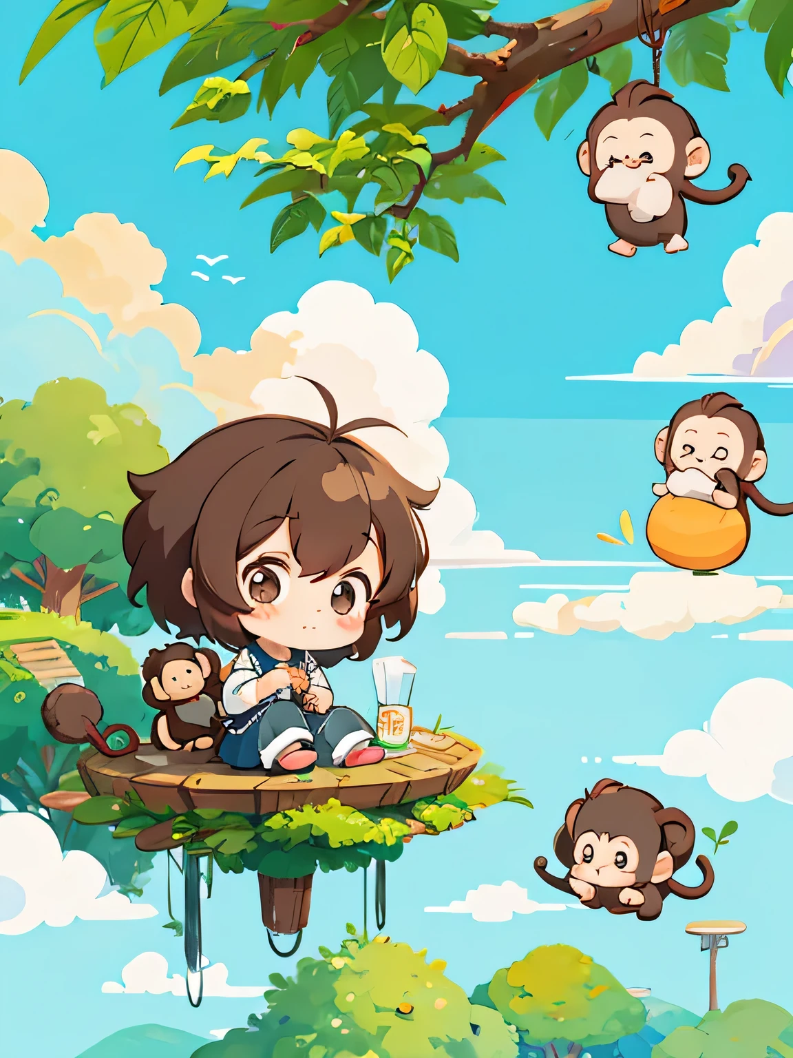 Tiv Style, Kawaii Design, Chibi girl monkey, monkey Forest, Above the Clouds, Carrying you