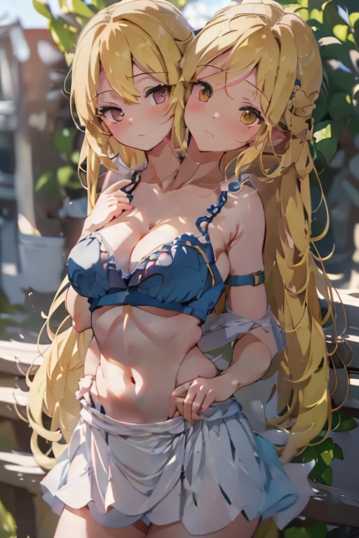 (masterpiece, best quality), best quality, (ultra-detailed), (3heads:1.5), 1girl, (kana anaberal:1.3), masterpiece, best quality, ultra quality, ultra resolution, ultra detail, white light blue top, crop top, ((stomach)), midriff, ((groin)), white and blue skirt, normal ears, shackles, blonde hair, very long hair, wavy hair, sidelocks, yellow eyes, parted lips, open belly, sweat, cute, toned belly, hand on own chest, eyelashes, (25 year old woman:1.3), (masterpiece:1.5), (best quality:1.5), (beautiful detailed), extremely detailed CG, extremely delicate and beautiful, depth of field, (finely detailed face), (perfect details:1.3), (mature female:1.3), wide pelvis, slender, large veiny breast, 16k resolution, highres, high quality, high definition, extremely detailed, masterpiece, blonde hair, long hair, alluring presence, braid, short skirt, close up, big tits, young, hat, hat ribbon,