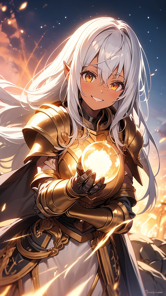 16k, upper body depiction, waving hands, heavy armor, gauntlets, breastplate, large shoulder pads, cloak, 1 elf woman, (dark skin: 1.2), (golden eyes: 1), beautiful silver hair, (Straight long hair: 1.2), smile, (pink lips: 1.2)
