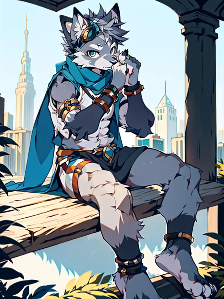 Furry, teenager, raccoon, grey hair, long spiked ponytail, Detailed body fur, long blue scarf, Black loincloth, goggles, masterpiece, gray body hair, Detailed face, big eyebrows, detailed eyes, sitting down, Detailed body, No muscles, city skyline, Detailed hands, Flat body, glistening body, Skinny, Claws have three toes, Detailed paws, metal cuffs on wrists, metal cuffs on ankles,