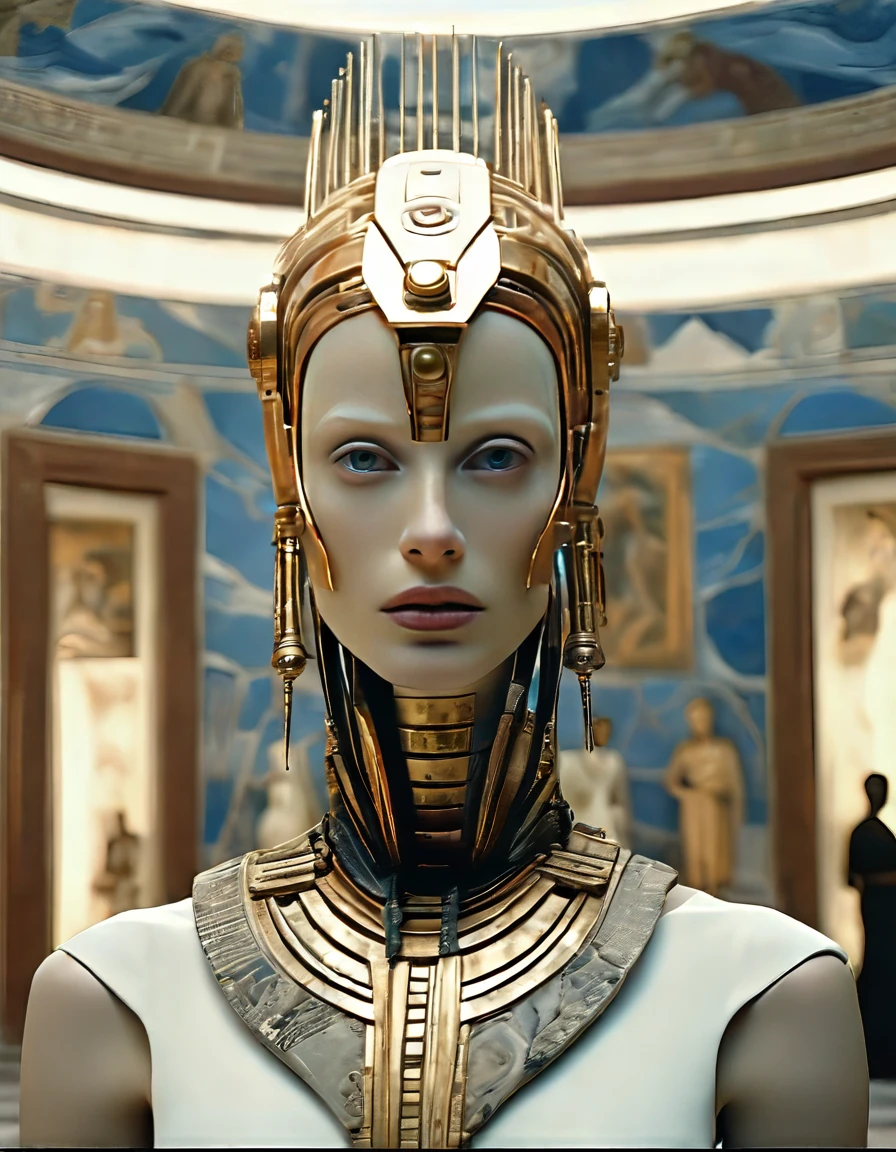 cinematic film still, close up, a robot woman stands tall, half-human half machine, amongst an ancient Greek gallery of paintings and marble, religious symbolism, quantum wavetracing, high fashion editorial, glsl shaders, semiconductors and electronic computer hardware, amazing quality, wallpaper, analog film grain, perfect face skin, concerned expression