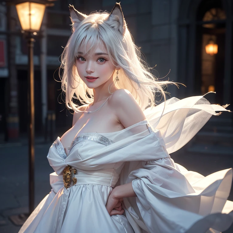 Dark ambiance,Mid century london inthe background、white wolf、 ((highest quality、masterpiece、8k、best image quality、ultra high resolution、Award-winning work)、(accurate anatomy:1.1)、(look at me and smile:1.1)、Shining fair skin with ultra high resolution、most detailed face、ultra high resolution detailed face、white short hair flowing 、Beautiful face drawn in every detail、(blurred background:1.1)、traditional Georgia man costume, tiny breast, real wolf beside the girl 