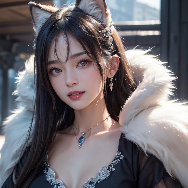 Dark ambiance,Mid century london inthe background、white wolf、 ((highest quality、masterpiece、8k、best image quality、ultra high resolution、Award-winning work)、(accurate anatomy:1.1)、(look at me and smile:1.1)、Shining fair skin with ultra high resolution、most detailed face、ultra high resolution detailed face、white short hair flowing 、Beautiful face drawn in every detail、(blurred background:1.1)、traditional Georgia man costume, tiny breast, real wolf beside the girl 