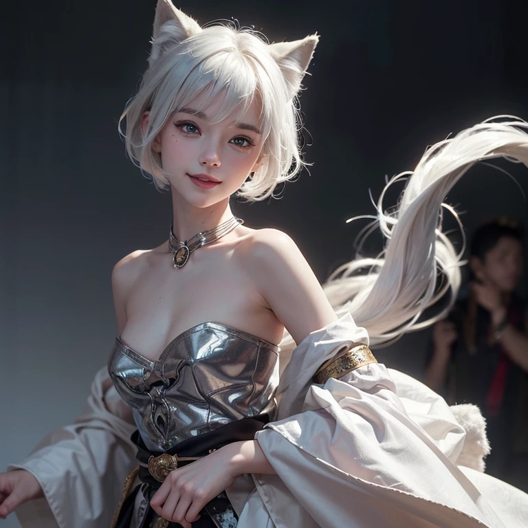 Dark ambiance,Mid century london inthe background、white wolf、 ((highest quality、masterpiece、8k、best image quality、ultra high resolution、Award-winning work)、(accurate anatomy:1.1)、(look at me and smile:1.1)、Shining fair skin with ultra high resolution、most detailed face、ultra high resolution detailed face、white short hair flowing 、Beautiful face drawn in every detail、(blurred background:1.1)、traditional Georgia man costume, tiny breast, real wolf beside the girl 