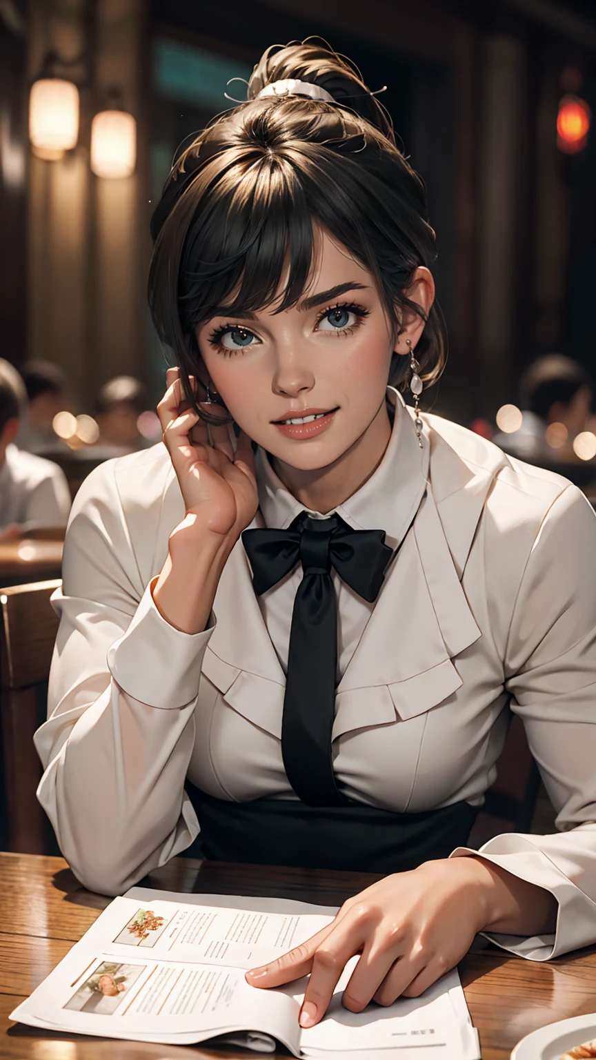 Girl with short ponytail wearing formal suit lying on restaurant table, Clear Eyes, Perfect body, (Looking down at the viewer:0.8), (Purelos Face_v1:0.2), Removable sleeves, Open your mouth, bangs, One girl, Shiny skin, (masterpiece;1.0), (Realistic:1.4), (Sharp focus:1.2),