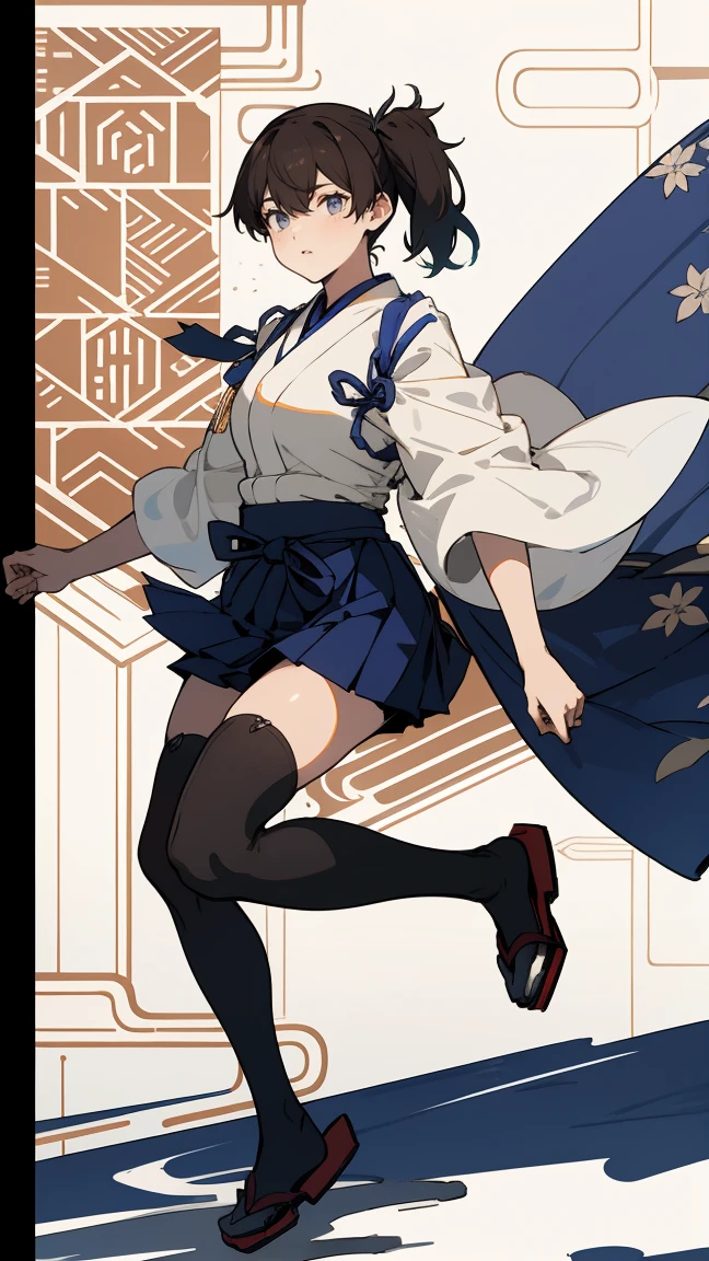 (masterpiece, highest quality) detailed, kaga (kancolle), {{kaga kai ni (kancolle)}}, side ponytail, brown eyes, black long hair, black thighhighs, short skirt, hakama skirt, japanese clothes, , blue hakama, hakama, muneate, tasuki, whole body,Chinese element pattern,thigh,
