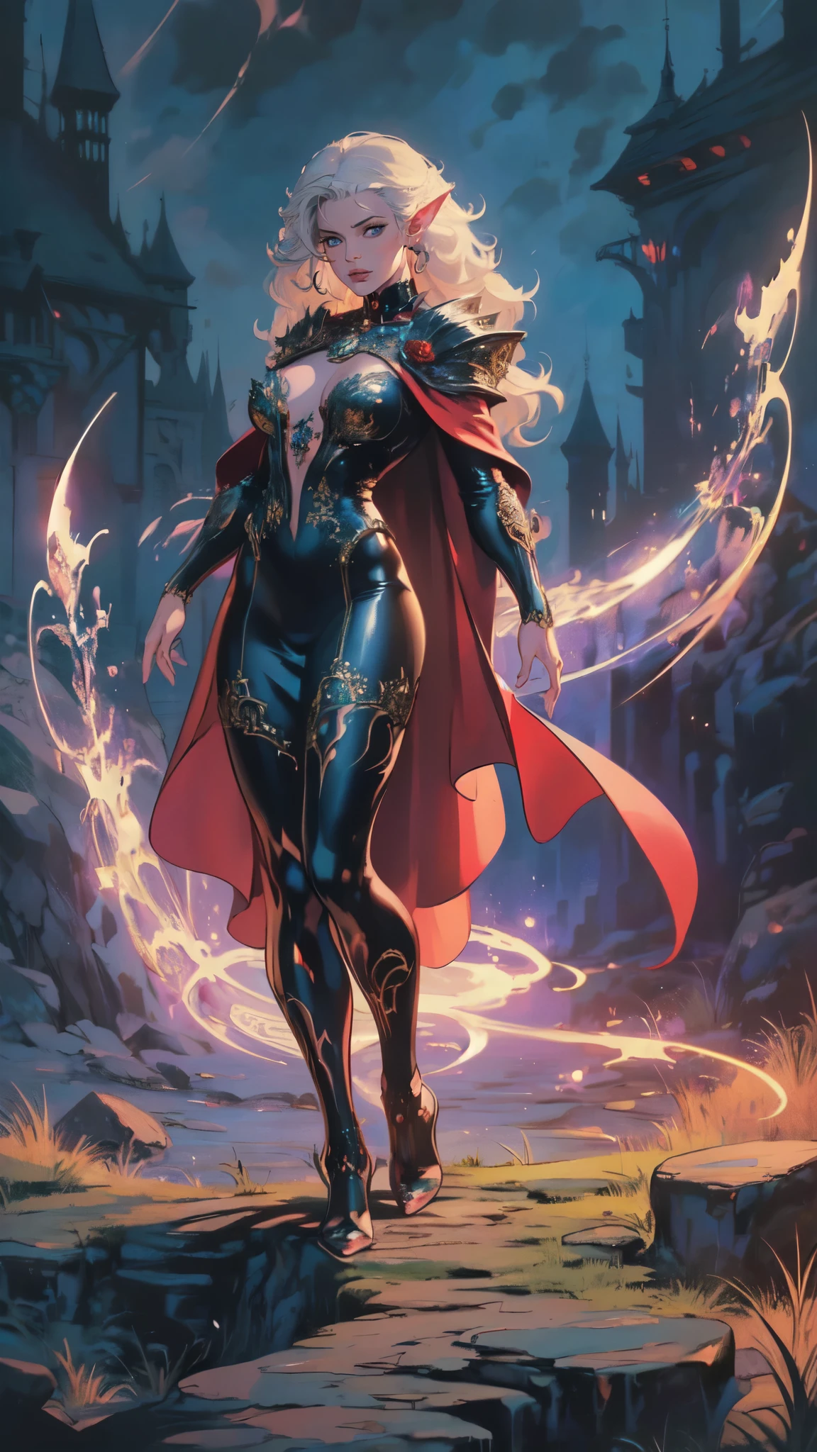 fantasy art, gothic art, (masterpiece:1.5), full body best details, highly detailed, best quality, Glowing Purple, highres, full body portrait of a vampire, elf (Masterpiece, best quality: 1.6), ultra feminine, wizard, (intricate details, Masterpiece, best quality: 1.5) with a long curvy hair, light color hair, blue eyes, (fantasy art, Masterpiece, best quality), ((beautiful delicate face)), Ultra Detailed Face (intricate details, fantasy art, Masterpiece, best quality: 1.5), [[vampiric fangs 1.5]] (red cloak: 1.3) , flowing cloak (intricate details, fantasy art, Masterpiece, best quality: 1.3), wearing an intricate black dress (intricate details, fantasy art, Masterpiece, best quality: 1.5), high heeled boots, urban background (intense details, beat details), fantasy, at night light, natural ,moon light, clouds, gothic atmosphere, soft light, dynamic light, [[anatomically correct]], high details, best quality, 8k, [ultra detailed], masterpiece, best quality, (extremely detailed), dynamic angle