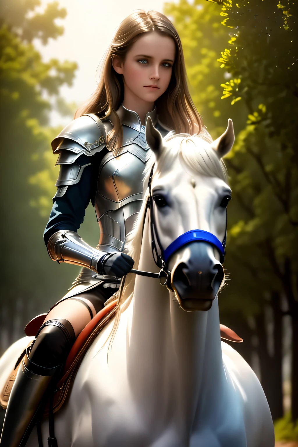 girl rides horse (best quality,highres:1.2),ultra-detailed,realistic,moonlight,lit ,dense mist,dreadfully beautiful,night, trees,((lol: 1.2 + Galen: 1.3), realistic art style), HD, dynamic angle, dynamic pose, summer, sweat, white cloth, metal armor, real texture, fine details, watercolor polish.