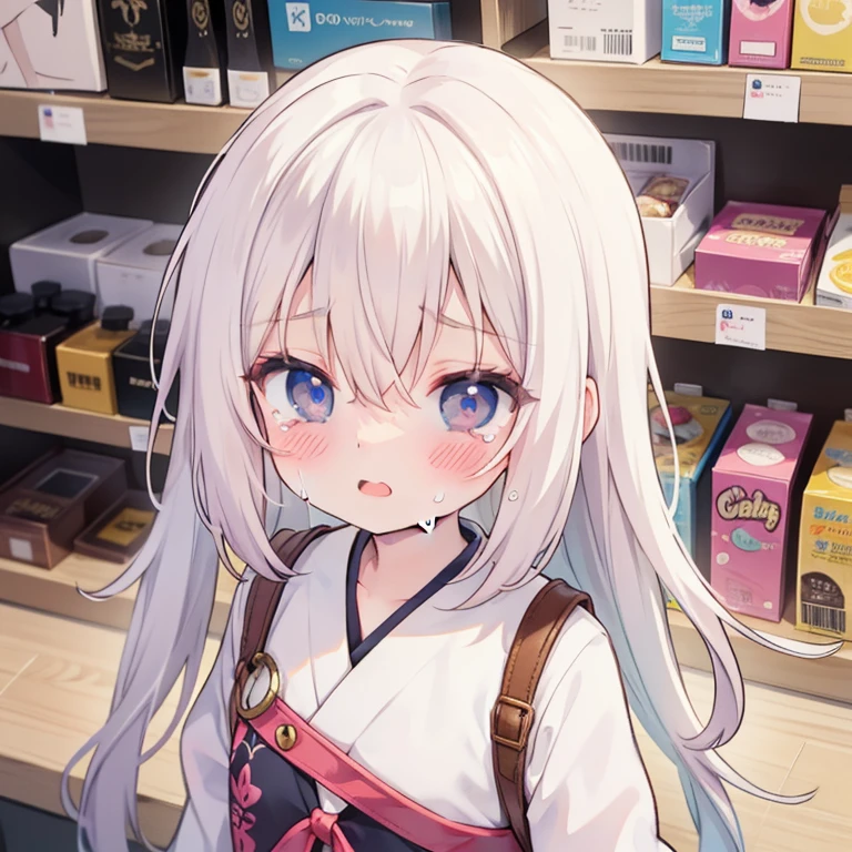 Anime style, 1 girl, overhead view, Looking from above, Crying, teardrops, disappointed, looks at the viewer, Evil, Background Shop, In the store, whims