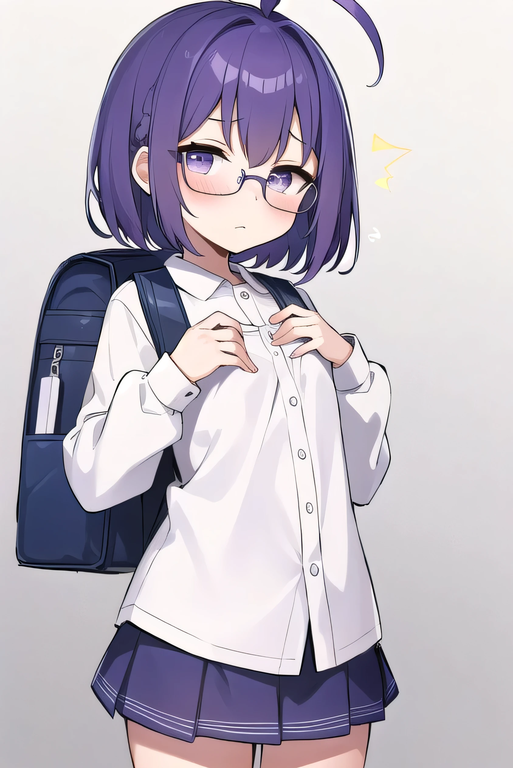 (Purple hair:1.4), gray eyes, white , navy blue miniskirt, 11 years old, short, short long hair, kind expression, shy, backpack, almost no breasts, slightly exposed. hair,(flipped hair ), flipped hair, long sleeves, ahoge, girl alone, flipped hair, flipped hair, flipped hair, flipped hair, glasses with no edges, embarrassed, flat chest