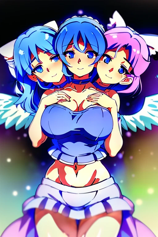 (masterpiece, best quality), best quality, (ultra-detailed), (3heads:1.5), 1girl, (mai:1.3), masterpiece, best quality, ultra quality, ultra resolution, ultra detail, light pink top, crop top, ((stomach)), midriff, ((groin)), light pink skirt, normal ears, shackles, blue hair, very long hair, wavy hair, pigtails, light-blue eyes, parted lips, detailed eyes, sweat, cute, toned belly, hand on own chest, eyelashes, (24 year old woman:1.3), (masterpiece:1.5), (best quality:1.5), (beautiful detailed), extremely detailed CG, extremely delicate and beautiful, depth of field, (finely detailed face), (perfect details:1.2), (mature female:1.3), wide pelvis, slender, large veiny breast, 16k resolution, highres, very high quality, very high definition, extremely detailed, masterpiece, blue hair, long hair, alluring presence, braid, short skirt, close up, big tits, young, light pink bow in her hair, small light pink wings, (girl with three heads),
