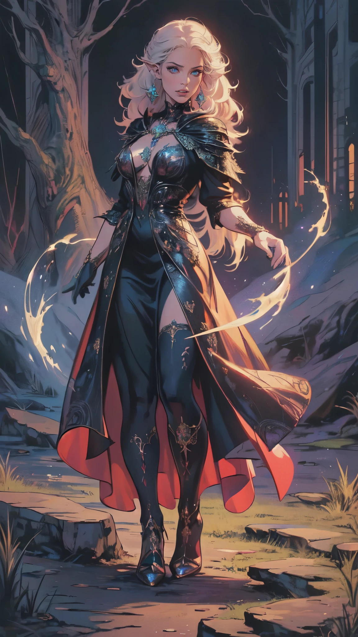 fantasy art, gothic art, (masterpiece:1.5), full body best details, highly detailed, best quality, Glowing Purple, highres, full body portrait of a vampire, elf (Masterpiece, best quality: 1.6), ultra feminine, wizard, (intricate details, Masterpiece, best quality: 1.5) with a long curvy hair, light color hair, blue eyes, (fantasy art, Masterpiece, best quality), ((beautiful delicate face)), Ultra Detailed Face (intricate details, fantasy art, Masterpiece, best quality: 1.5), [[vampiric fangs 1.5]] (red cloak: 1.3) , flowing cloak (intricate details, fantasy art, Masterpiece, best quality: 1.3), wearing an intricate black dress (intricate details, fantasy art, Masterpiece, best quality: 1.5), high heeled boots, urban background (intense details, beat details), fantasy, at night light, natural ,moon light, clouds, gothic atmosphere, soft light, dynamic light, [[anatomically correct]], high details, best quality, 8k, [ultra detailed], masterpiece, best quality, (extremely detailed), dynamic angle