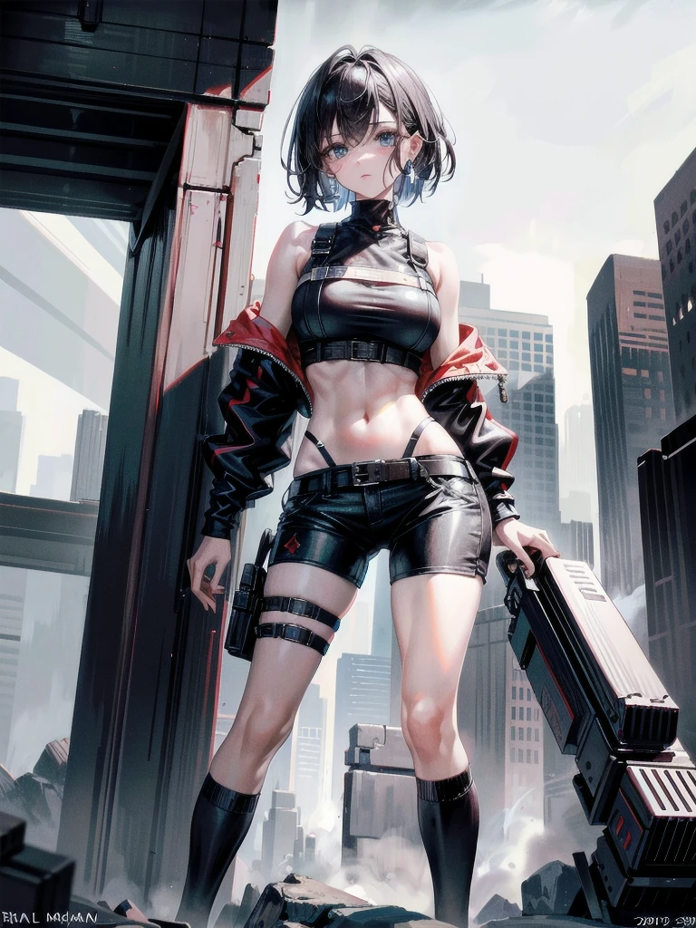 whole body, gunman attire, post apocalyptic desert city, absurdres, RAW photo, extremely delicate and beautiful, masterpiece, Best Quality, ultra high resolution, 32k, hyperrealistic, ultra-detailed, detailed description, pale skin, 20 years old, detailed beautiful face and eyes, tearful mole, earring, Colossal tits, short medium hair, wavy hair, midriff, shorts,
