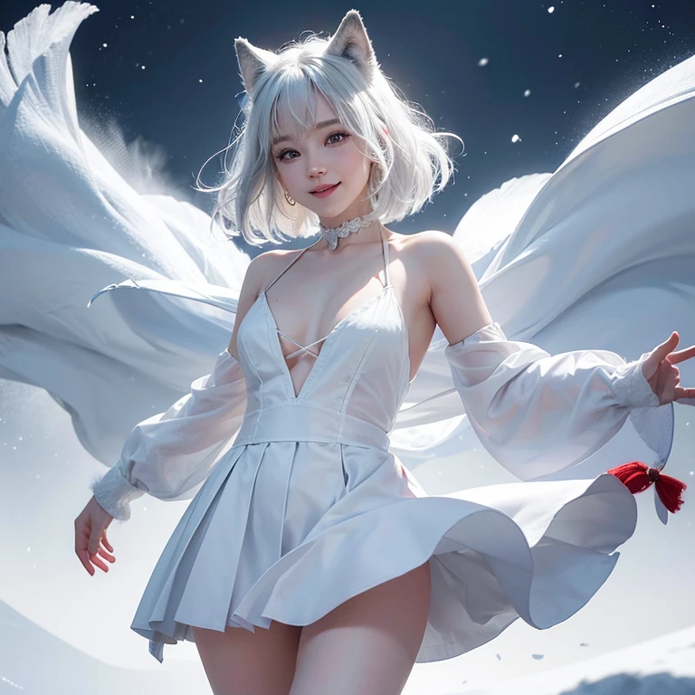 snowing mountain、dance wirh wolf head man、 ((highest quality、masterpiece、8k、best image quality、ultra high resolution、Award-winning work)、(accurate anatomy:1.1)、(look at me and smile:1.1)、Shining fair skin with ultra high resolution、most detailed face、ultra high resolution detailed face、white short hair flowing 、Beautiful face drawn in every detail、(blurred background:1.1)、 Inuit fur clothing, tiny breast,