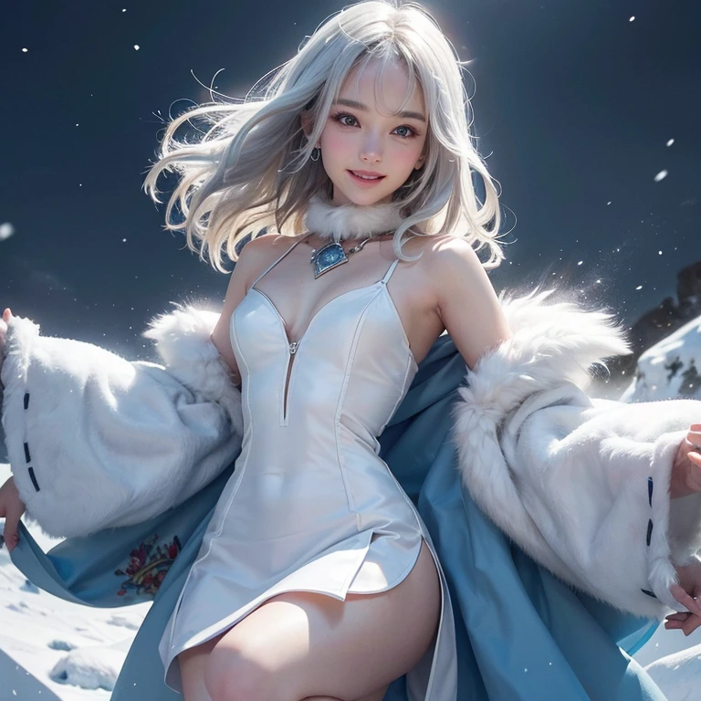 snowing mountain、dance wirh wolf head man、 ((highest quality、masterpiece、8k、best image quality、ultra high resolution、Award-winning work)、(accurate anatomy:1.1)、(look at me and smile:1.1)、Shining fair skin with ultra high resolution、most detailed face、ultra high resolution detailed face、white short hair flowing 、Beautiful face drawn in every detail、(blurred background:1.1)、 Inuit fur clothing, tiny breast,