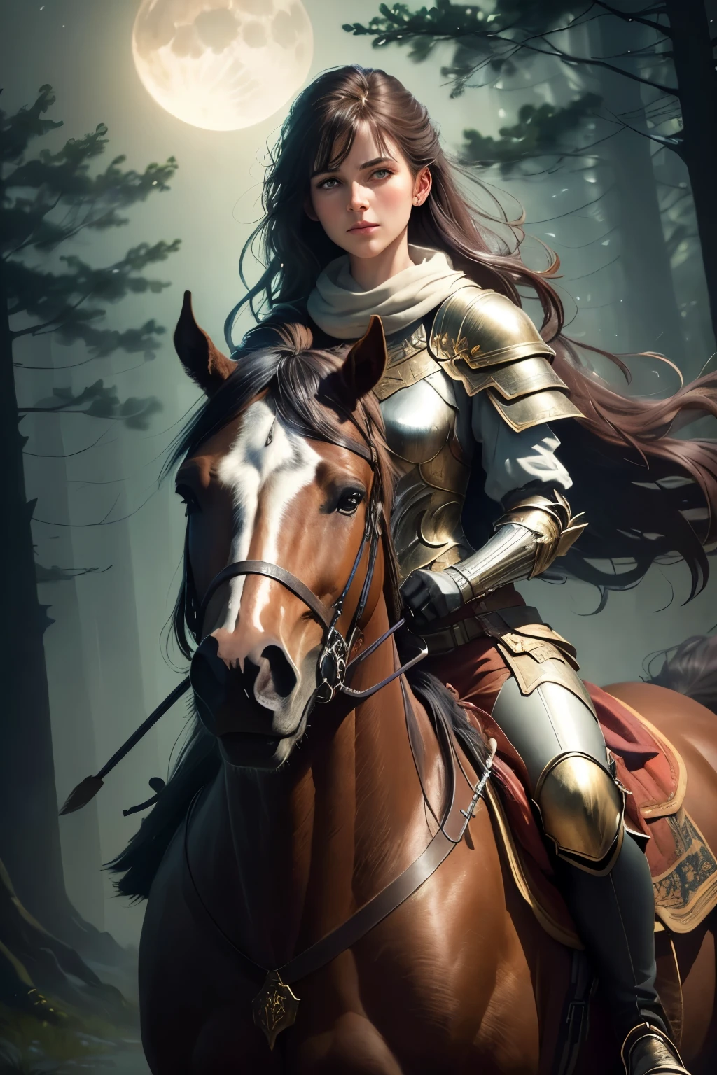 girl rides horse (best quality,highres:1.2),ultra-detailed,realistic,moonlight,lit ,dense mist,dreadfully beautiful,night, trees,((lol: 1.2 + Galen: 1.3), realistic art style), HD, dynamic angle, dynamic pose, summer, sweat, white cloth, metal armor, real texture, fine details, watercolor polish.