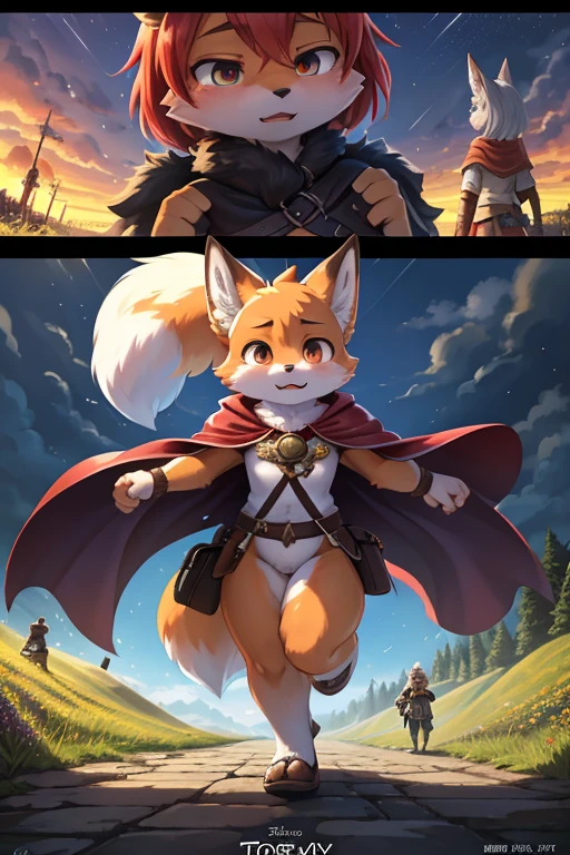 The various events that occur during the journey form the story of the film. As the film is traveling , various view , happening scene , dynamic move , hairy Short stature fox girl with Townspeople , (realistic hairy bunny fur) , round face , (tilt face:1.2) , (half-open eyes) , Swollen cheeks , glossy lips , (Looking away , Look around:1.2) ,  (wearing fantastic wear and Cape) , travel bag , Walking around the fantasy world , dynamic angle , action move , Joy, anger, sorrow, and happiness , Attacked by bandits