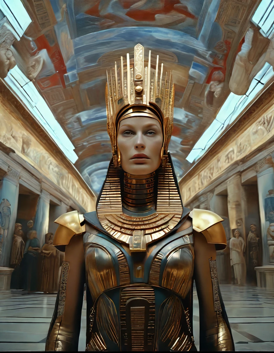 cinematic film still, close up, a robot woman stands tall, half-human half machine, amongst an ancient Greek gallery of paintings and marble, religious symbolism, quantum wavetracing, high fashion editorial, glsl shaders, semiconductors and electronic computer hardware, amazing quality, wallpaper, analog film grain, perfect face skin, concerned expression