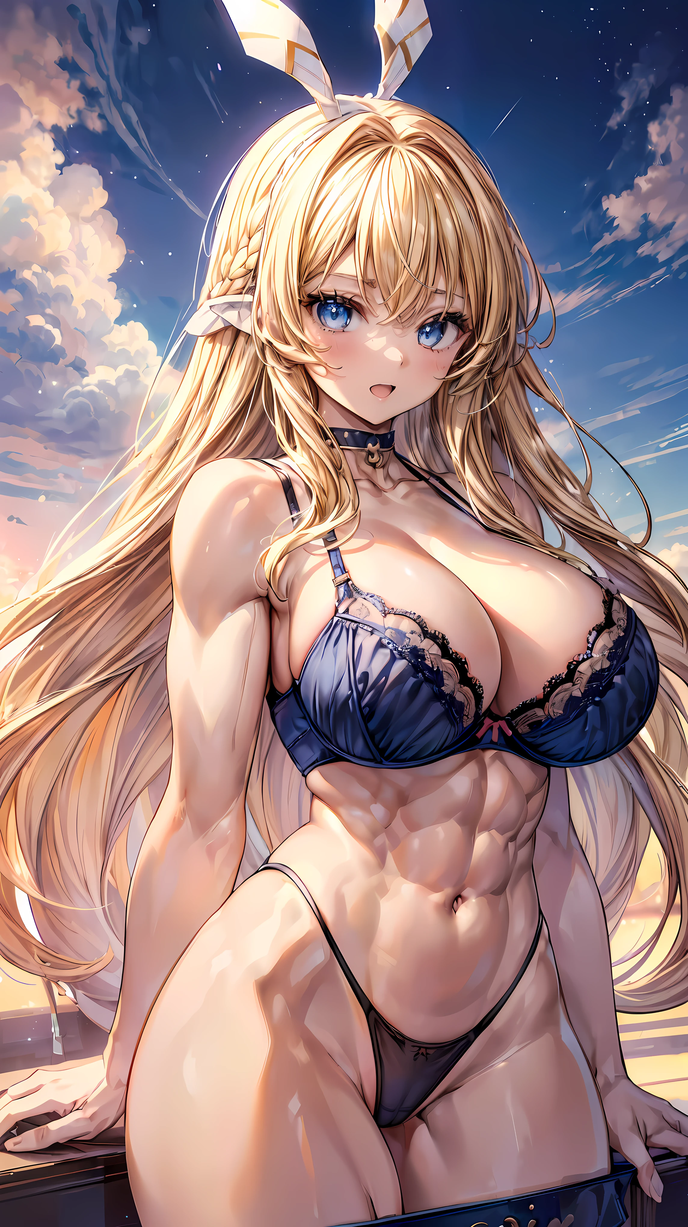 Very detailed、highest quality、Best image quality、masterpiece、8k、Anime Face、A kind smile、(Open your mouth:1.3)、Sparkling blue eyes、(Blonde semi-long hair:1.5)、(Muscles of the whole body)、(High leg panties:2.0)、Thigh belt、(Upper body photo:1.7)、(SFW Giant)、(Thick body:1.2)、(bra:1.5)