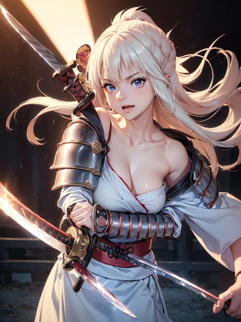 Very detailed CG Unity 8K wallpaper, Cute One lady, Mature Hair、lady ,beautiful lady, pale skin (Super masterpiece, Beautiful person, well detailed face polluted smile, Photorealistic, hyper realisitic), 
(Japan Samurai full Armor:1.5)、(samurai:1.5)、(Japan Pulling the sword out of its sheath:1.4)、(Holding the handle of a Japanese sword:1.8)
Japanese castle background、Portrait、Daytime、(The bright light from the front of her:1.7)、
(middle breast :1.40)、(Glowing Skin:1.3)、
Detailed eyes、Big eyes、Open your mouth a little、Hide your arms、(Laugh cutely:1.1)、Very cute face、
Blonde、Long Hair、(Light blue glowing eyes:1.4)、Pink Lips、
((Off the shoulder、Shoulder Bare))、(Bare your chest:1.0)