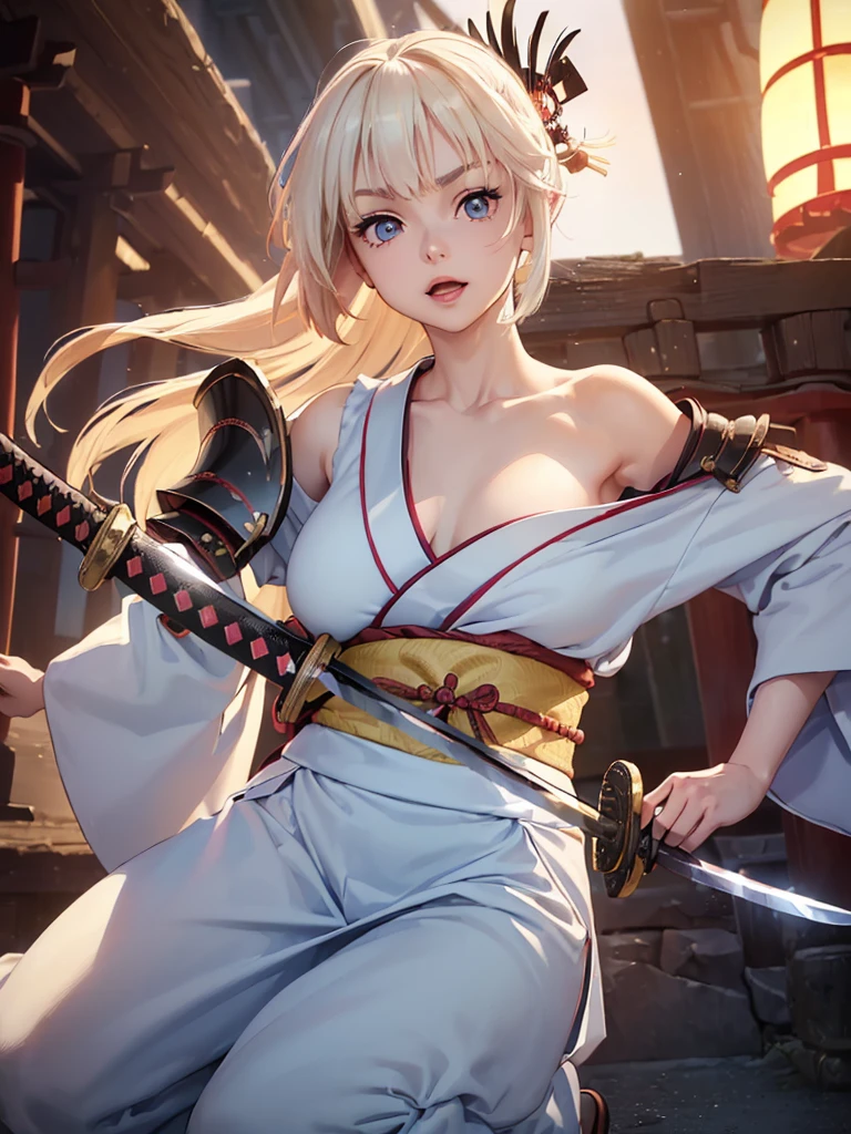 Very detailed CG Unity 8K wallpaper, Cute One lady, Mature Hair、lady ,beautiful lady, pale skin (Super masterpiece, Beautiful person, well detailed face polluted smile, Photorealistic, hyper realisitic),
(Japan Samurai full Armor:1.5)、(samurai:1.5)、(Japan Pulling the sword out of its sheath:1.4)、(Holding the handle of a Japanese sword:1.8)
Japanese castle background、Portrait、Daytime、(The bright light from the front of her:1.7)、
(middle breast :1.40)、(Glowing Skin:1.3)、
Detailed eyes、Big eyes、Open your mouth a little、Hide your arms、(Laugh cutely:1.1)、Very cute face、
Blonde、Long Hair、(Light blue glowing eyes:1.4)、Pink Lips、
((Off the shoulder、Shoulder Bare))、(Bare your chest:1.0)