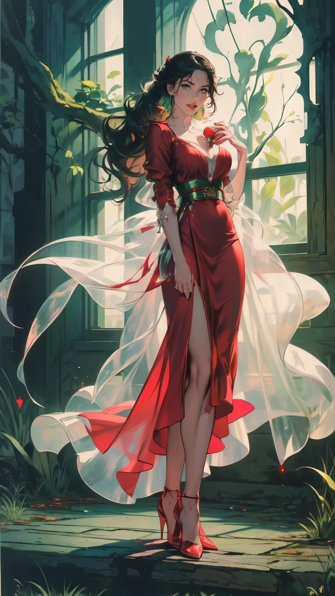 a picture of vampire standing in the front of her home holding a (blood: 1.3) dripping (gift box: 1.5), an exquisite beautiful female vampire in her front door of her home, full body (ultra detailed, Masterpiece, best quality), ultra detailed face (ultra detailed, Masterpiece, best quality), grey skin: 1.3 , blond hair, hair in a ponytail, long hair, blue eyes, cold eyes, glowing eyes, intense eyes, smile with [drops of blood on face] (ultra detailed, Masterpiece, best quality), dark red lips, [vampire fangs], wearing red dress (ultra detailed, Masterpiece, best quality), (green: 1.4) dark green cloak, (green: 1.3) green high heeled boots in front of her home, holding a (white: 1.4) gift box dripping red blood GlowingRunes_red (ultra detailed, Masterpiece, best quality, high details, best quality, 16k, [ultra detailed], masterpiece, best quality, (ultra detailed), full body, ultra wide shot, photorealism, luis royo style, dark fantasy art, moon light coming through the window, moon rays, gothic art, sense of dread, sense of seduction, bloodmagic,