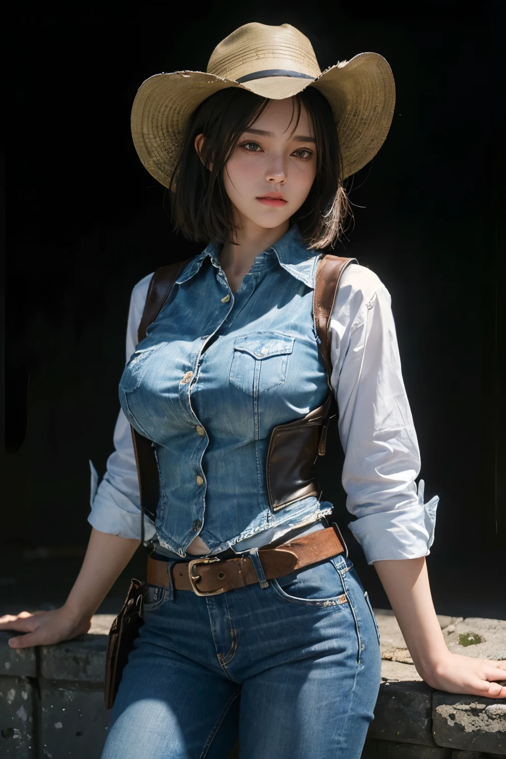 ((8k quality,highest quality,RAW Photos,masterpiece:1.2),(photo realistic:2.0),(very detailed faces)), 1girl, in the dark, deep shadow, low key, (Extremely realistic skin texture:1.4),(front focus), (in the dark:1.6), Hyperrealist portrait of female by david hockney and alphonse mucha, fantasy art, dynamic lighting, artstation, volumetric lighting, (cowboy shot) ,(Big breasts:1.4), She is looking straight into the camera lens,short hair,Bobcut,Shiny black hair,standing,(Generate a detailed image of a cowboy cosplay outfit with authentic Western attire, including a wide-brimmed hat, leather vest, denim shirt, bandana, rugged boots, and accessorized with a gun holster and a gun and belt buckle.),(Generate an image of a person's hand resting on the grip of a gun in a leather holster, depicting a confident and poised gesture as if ready for action.),My chest is visible/