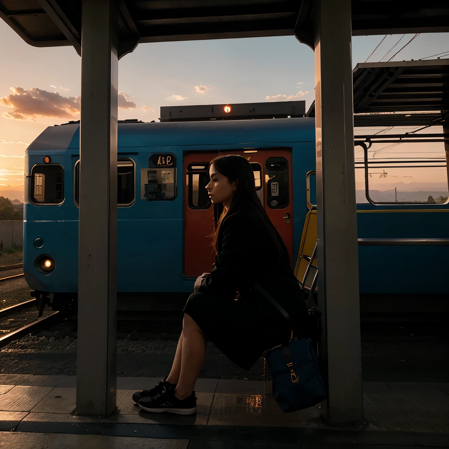 Una persona en un ande  sentada esperando el tren en un atardecer